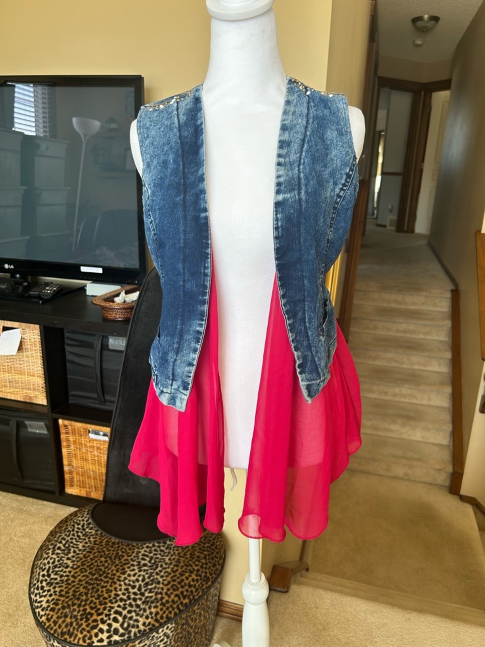 Denim Vest with Burgandy Chiffon and embellishments Costal Cowgirl/ Boho